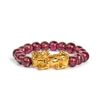 House of Brilliance 18K Yellow Gold Red Garnet Beaded Stretch Ring with Sculpted Dragon Charm