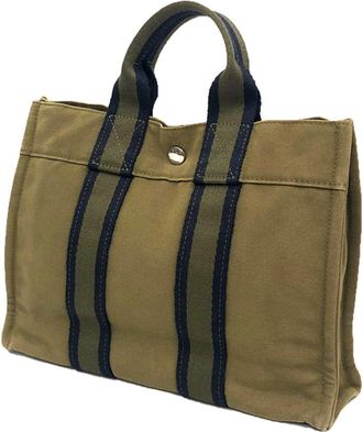 Herm&egrave;s Khaki Cotton Canvas Tote Bag (Pre-Owned)