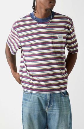 Guess Stripe Boxy Crop Pocket T-Shirt in Blue Multi at Nordstrom, Size X-Large