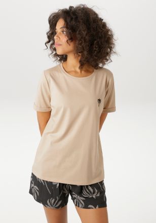 Aniston T-Shirt ANISTON CASUAL, Damen, Gr. 36/38, beige, schwarz, Single Jersey, Obermaterial: 100% Baumwolle, unifarben mit Farbeinsatz, figurumspielend h&uuml;ft