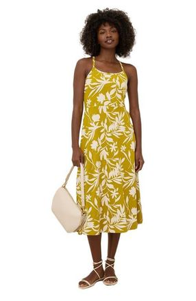 Pact Organic Cotton Fit & Flare Midi Dress in Tropical Palms Chartreuse at Nordstrom, Size Medium