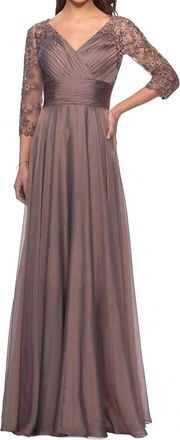 La Femme Sheer Lace Quarter Sleeves Empire Waist A-Line Gown In Cocoa
