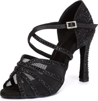 Minitoo Womens Salsa Ballroom Dancing Sandals Rhinestones Beaded Wedding Prom Shoes L652 Black 10cm Heel UK 7.5