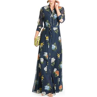 Sachin & Babi Addison Embellished Tie Waist Gown in Navy Wildlfowers at Nordstrom, Size 12