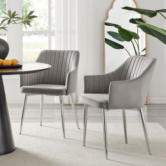 Furniturebox Set of 2 Calla Deep Padded Dining Chairs Upholstered in Soft Velvet With Silver Chrome Legs in Grey