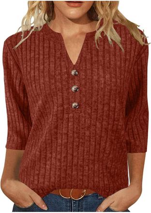Generic Womens Sweaters 3/4 Length Sleeve Tops V Neck Button Jumpers Womens Top Knit Stripe Fall Ladies Sweatshirts Jumpers Solid Color Workout Plus Size Acti