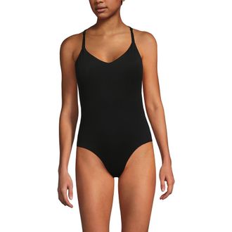 Lands End Tugless QuickDry V-Neck Multi-Way High Leg One Piece Swimsuit in Black at Nordstrom, Size 10P