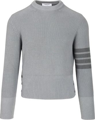 Thom Browne Cotton Cardigan Stitch 4-Bar Pullover - Heren - Ronde hals truien - Grijs - M - Katoen - Truien & Vesten