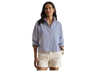 Lauren Ralph Lauren Striped Cropped Shirt Womens Clothing Blue/White : XL, Cotton