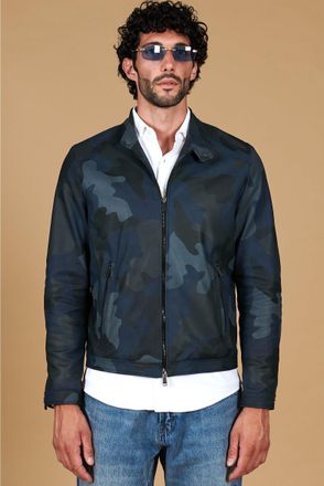 D'Arienzo Giacca in pelle mimetica blu effetto liscio colletto coreana DArienzo, Seleziona Taglia 46, Colore Blu