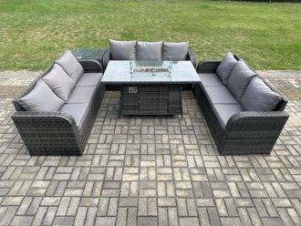 Fimous Rattan Furniture Garden Dining Set Gas Fire Pit Table With Side Table 3 Seater Sofa Dark Grey Mixed