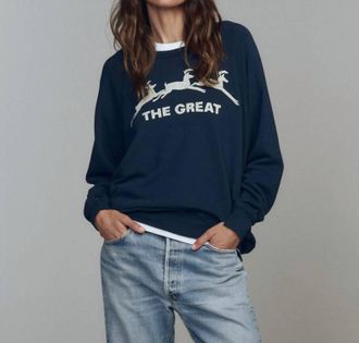 The Great. Sleigh Graphic College Sweatshirt In Navy With Deer Graphic