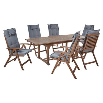 Beliani Conjunto De Jard&iacute;n R&uacute;stico 6 Plazas Mesa Extensible Sillas Reclinables Madera Acacia Oscura Con Cojines Grises Amantea
