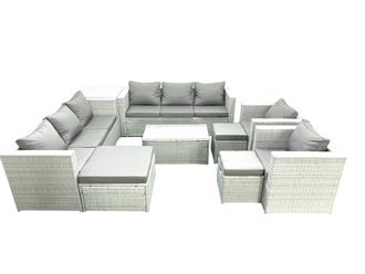 Fimous Outdoor Rattan Sofa Garden Furniture Set with 2 Armchairs Oblong Coffee Table 3 Footstools Side Table Light Grey Mixed