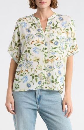 T Tahari Split Neck Shirt in Ivory Green Floral Print at Nordstrom Rack, Size X-Small