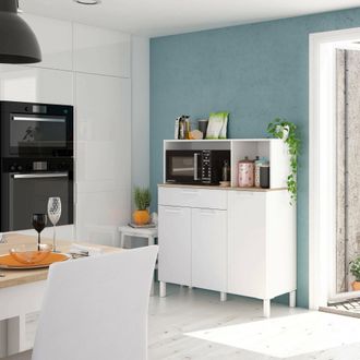 Dmora Armario Multifunci&oacute;n Dlarin, Mueble Auxiliar De Cocina, Aparador Con 3 Puertas Y 1 Caj&oacute;n Con Baldas, Armario Abierto, 108x40h126 Cm, Blanco Y Roble - 