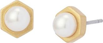 AllSaints Faux Pearl Stud Earrings in Pearl/Vintage Gold at Nordstrom