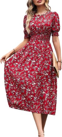 Generic Womens Floral Smocked Waist Midi Dress - A-Line Wedding Guest & Summer Party Dress with Short Sleeves Red