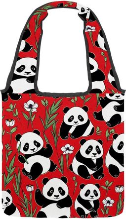 Generic Cute Panda on Red Reversible Canvas Shoulder Tote - Double-Sided Print, 12oz Cotton, 27cm Drop, Fold-Flat Bag for Travel, Shopping, Street Outings