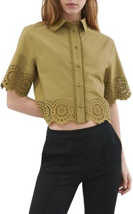 Mango Embroidered Eyelet Shirt in Green at Nordstrom, Size 6