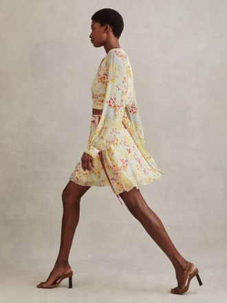 Reiss Pink & yellow Floral Print Tie Waist Mini Skirt, 8