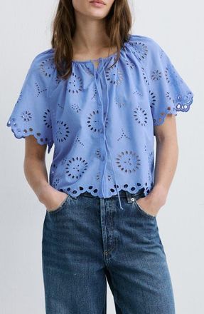 Mango Openwork Embroidered Cotton Button-Up Top in Blue at Nordstrom, Size 10