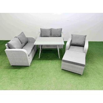 Fimous 6 Seater Outdoor Rattan Garden Furniture Set Love Sofa Reclining Chair Set with Rectangular Dining Table Big Footstool Light Grey - Fimous
