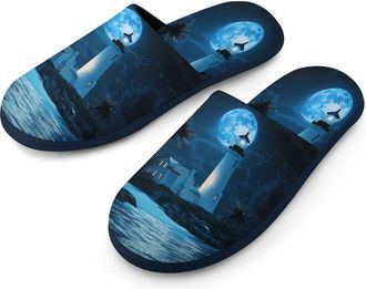 Generic Lighthouse And Moon Mens Flannel Slipper Soft Comfy House Shoes Non Slip Winter Warm Indoor Outdoor Slippers