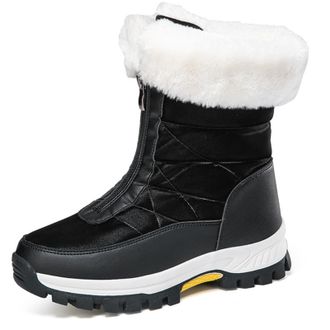 Generic Womens Non-Slip Warm Zipper Snow Boots, Waterproof Fur-Lined Leather Boots with Zipper & Lace-Up, Non-Slip Lightweight Outdoor Warm Walking Shoes (bla