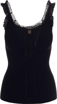 Elisabetta Franchi Slim-Fit Black Knit Top With Scalloped Lace Detail