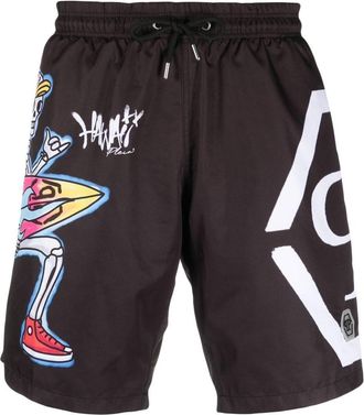 Philipp Plein graffiti-print drawstring-waist swim shorts - men - Spandex/Elastane/Cotton - L - Black