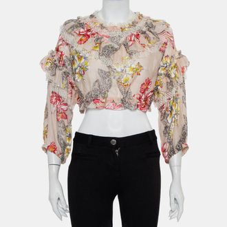 Alberta Ferretti Di Lorenzo Serafini Pink Floral Printed Cotton Ruffled Crop Top
