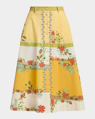 Saloni Kali-C Floral Stripe A-Line Midi Skirt