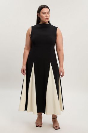 Karen Millen Womens Plus Size Compact Stretch Tailored Colour Block Full Skirted Midi Dress - Monochrome Multi - Size 18 UK