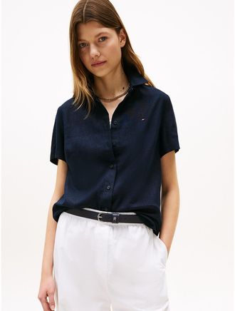 Tommy Hilfiger Womens Short-Sleeve Linen-Blend Shirt - Navy - XXL