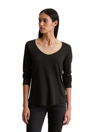 Marc O'Polo Denim Langarmshirt MARC OPOLO DENIM, Damen, Gr. XL, schwarz, Jersey, Obermaterial: 100% Baumwolle, figurbetont h&uuml;ftlang, tiefer V-Ausschnitt, Shirts Langarm