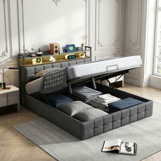 OEM Cama Lit 140x190 Cm - Estructura De Cama 140x190 - 2 Personas - Tela Gris Efecto Lino - Hidr&aacute;ulica - Cabecera Con Usb-c, Usb Y Led