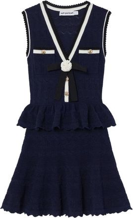 Self Portrait Navy Peplum Pointelle-knit Mini Dress