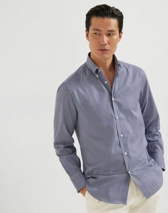 Brunello Cucinelli Mens Blue Cotton Check Button Down Shirt, Size XS
