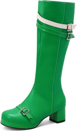 Generic Womens PU Leather Knee High Boots with Side Zipper Round Toe Long Boots with Buckle Block Heel Platform Shoes,Green,2.5 UK