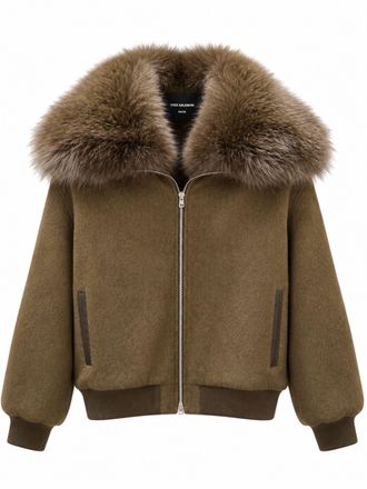 Yves Salomon Wool Flannel Bomber Jacket with Plush Fox Fur Collar