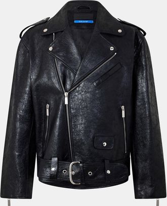 Off-white Mens Off White Solid Patterned Lapel Collared Bike Jacket in Black - Size Large
