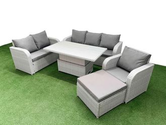 Fimous Patio PE Wicker 7 Seater Outdoor Rattan Furniture Sofa Sets w/ Adjustable Lifting Dining or Coffee Table Reclining Chair Loveseat Sofa 3