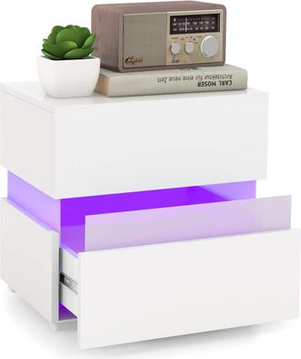 Costway Tavolino A Led Con Cassetti E Telecomando, Comodino Con 22 Modalit&agrave; Di Luce, 10 Velocit&agrave; E 5 Luminosit&agrave;, Tavolino Laterale Moderno Da Salotto E Camera