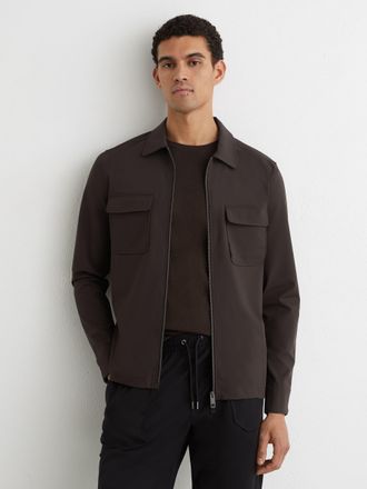 Reiss Chocolate Brown Technical Zip-through Overshirt, 2XL