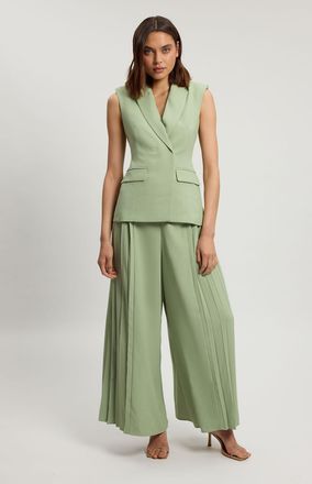 Karen Millen Womens Petite Tailored Crepe Asymmetric Pleat Wide Leg Jumpsuit - Green - Size 14 UK