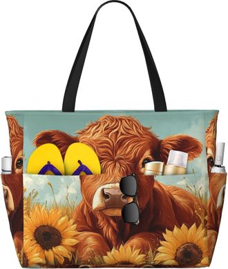 Generic Highland Cow Print Large Beach Bag Foldable Travel Shoulder Tote Bag With Pocket For Weekender Pool Vacation