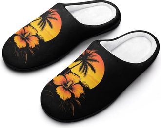 Generic Hawaiian Sunset Palm Trees Cotton Womens Slip-on Slippers Winter Warm House Shoes with Rubber Sole for Home Office Hotel