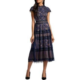 Tadashi Shoji Lace Fit & Flare Cocktail Midi Dress in Royal Navy/Nude at Nordstrom, Size 16