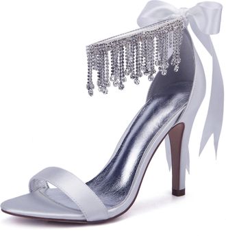 Generic Womens Heels Satin Wedding Bridal Ankle Strap High Heels 10.5Cm Open Toe Prom Evening Formal Party Stiletto Sandals,White,4 UK